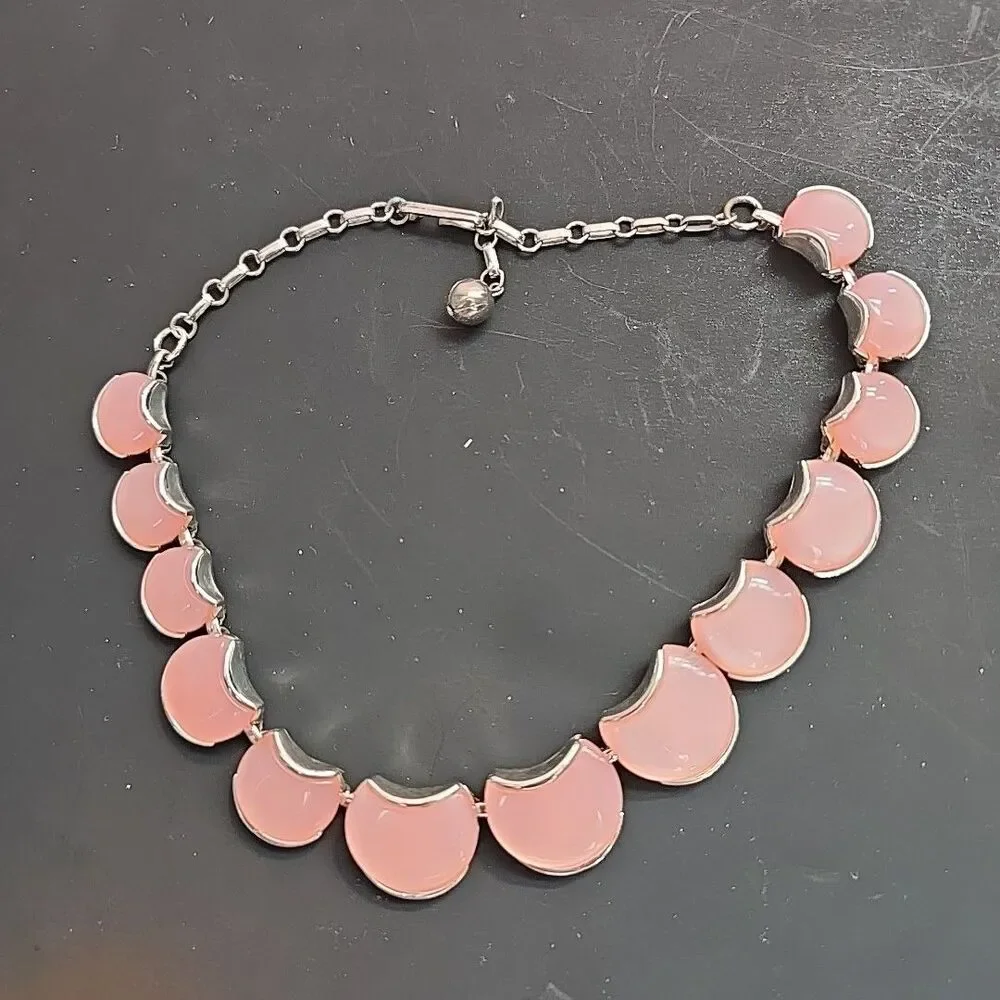 Vintage Pink Lucite Panel Necklace Silver Tone Mid Century Statement approx 13
